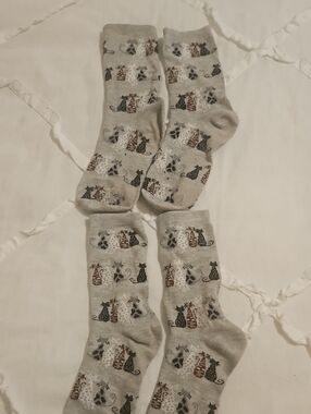 Cat Pattern Thin Crew Socks - Light Gray